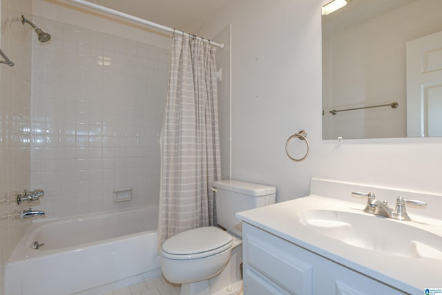 full bathroom featuring vanity, toilet, tile patterned floors, and shower / bath combo with shower curtain