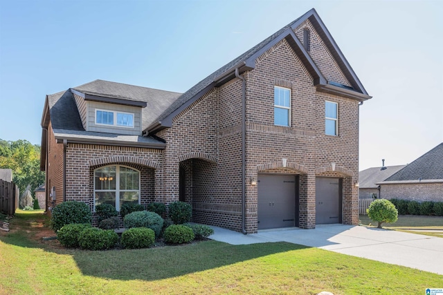 view of front of house with a front yard and a garage