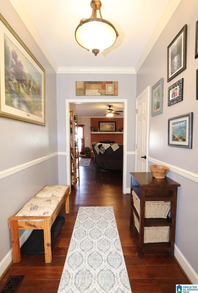 hall featuring dark hardwood / wood-style floors and crown molding