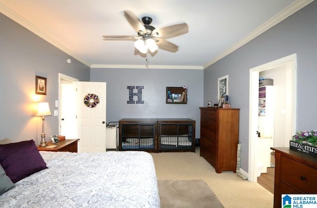 bedroom with connected bathroom, ceiling fan, light carpet, and ornamental molding