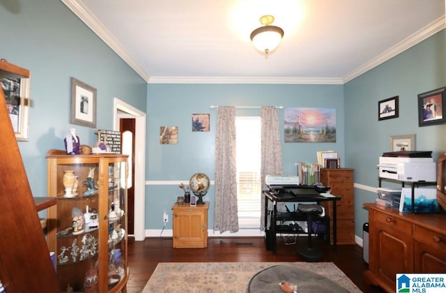 office area featuring dark hardwood / wood-style flooring and ornamental molding