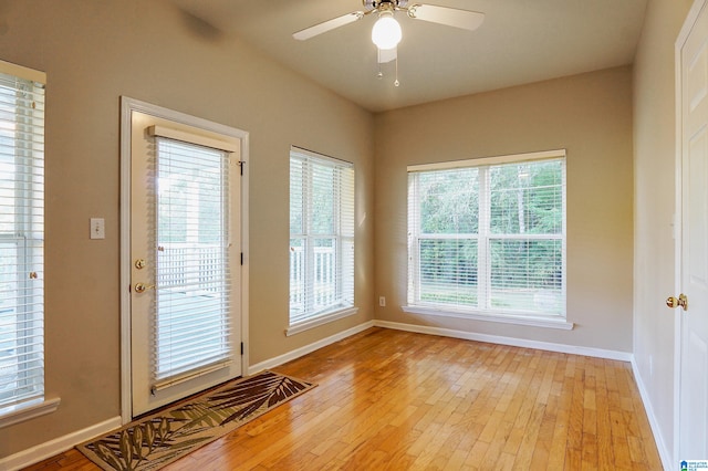 doorway with ceiling fan and light hardwood / wood-style flooring