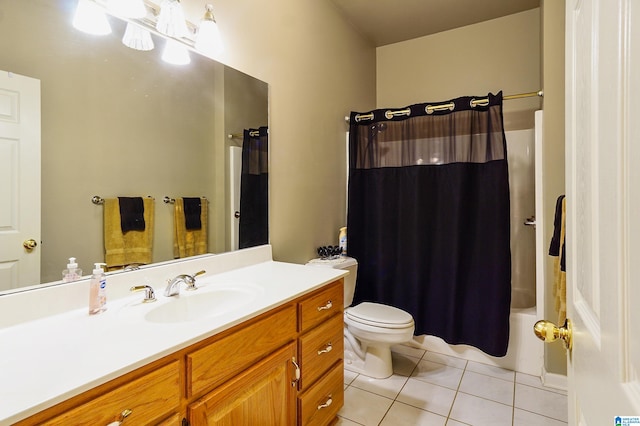 full bathroom featuring vanity, shower / tub combo, toilet, and tile patterned flooring