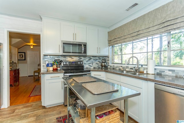 kitchen featuring decorative backsplash, white cabinetry, light hardwood / wood-style flooring, sink, and stainless steel appliances