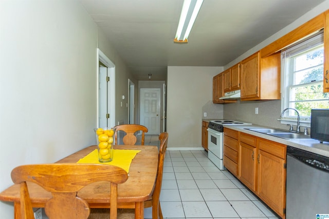 kitchen with stainless steel dishwasher, sink, white stove, and light tile patterned floors