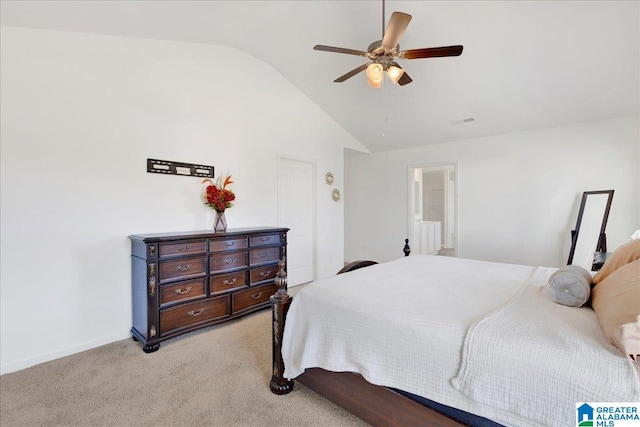 bedroom with light carpet, lofted ceiling, and ceiling fan