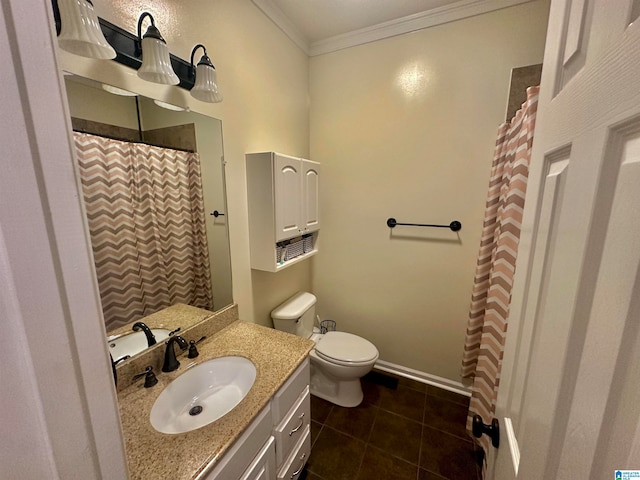 bathroom with toilet, curtained shower, tile patterned floors, ornamental molding, and vanity