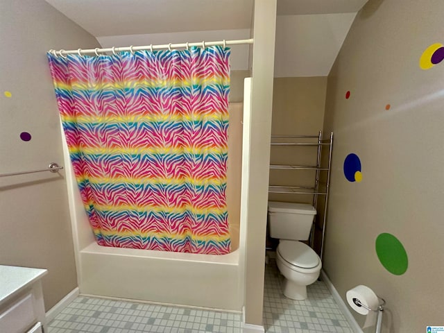 full bathroom featuring vanity, shower / tub combo, and toilet