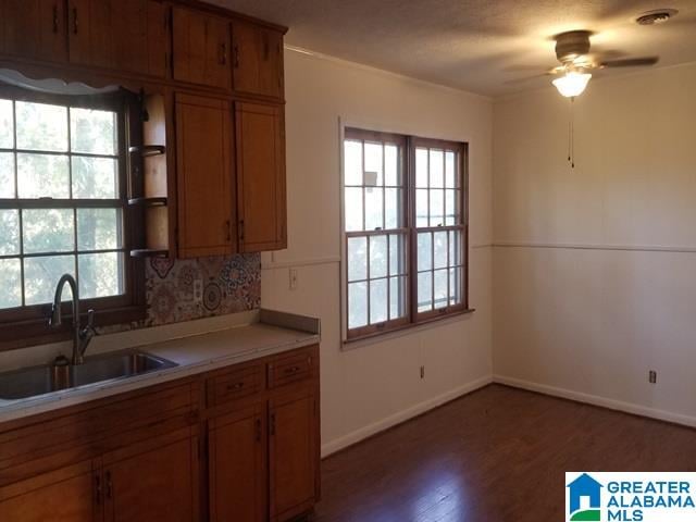 kitchen featuring dark hardwood / wood-style flooring, ceiling fan, sink, and a healthy amount of sunlight