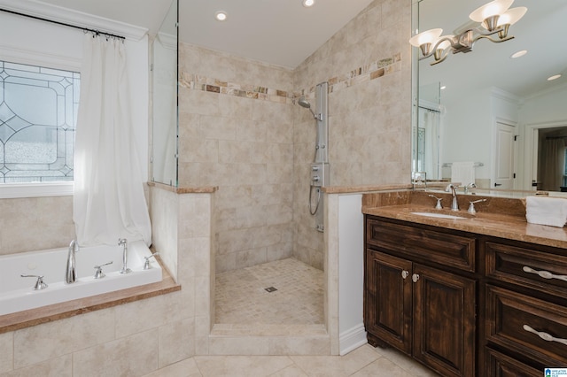 bathroom featuring plus walk in shower, vaulted ceiling, vanity, an inviting chandelier, and tile patterned flooring