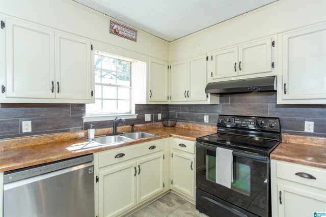 kitchen with tasteful backsplash, a textured ceiling, black / electric stove, dishwasher, and sink