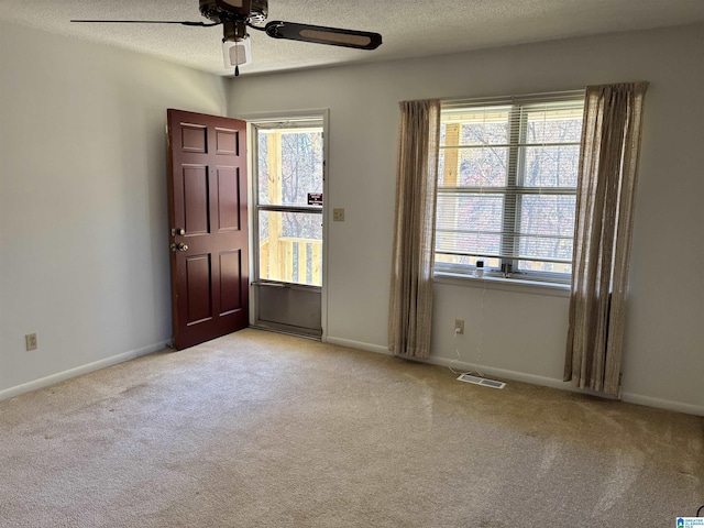 empty room with light carpet, a textured ceiling, and a healthy amount of sunlight