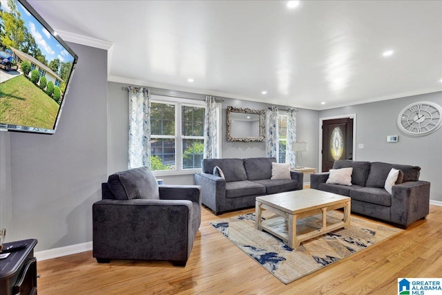 living room featuring light hardwood / wood-style floors and crown molding