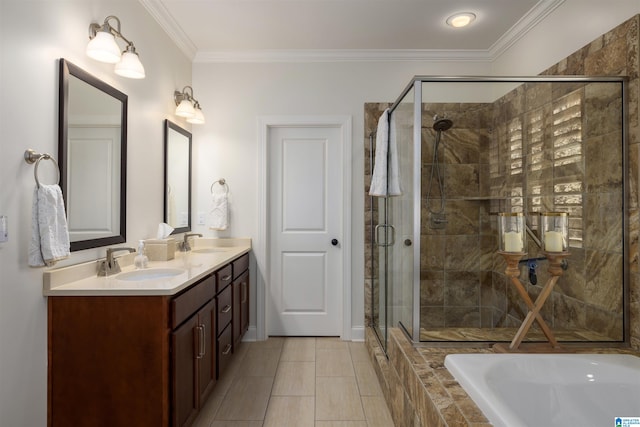 bathroom featuring vanity, ornamental molding, shower with separate bathtub, and tile patterned flooring