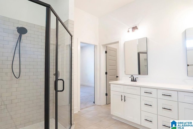 bathroom featuring vanity, tile patterned floors, and a shower with door