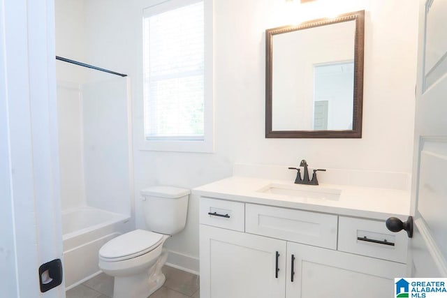 full bathroom with vanity, toilet, shower / washtub combination, and tile patterned flooring