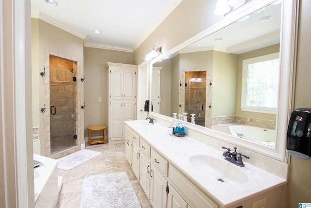 bathroom with vanity, independent shower and bath, ornamental molding, and tile patterned flooring