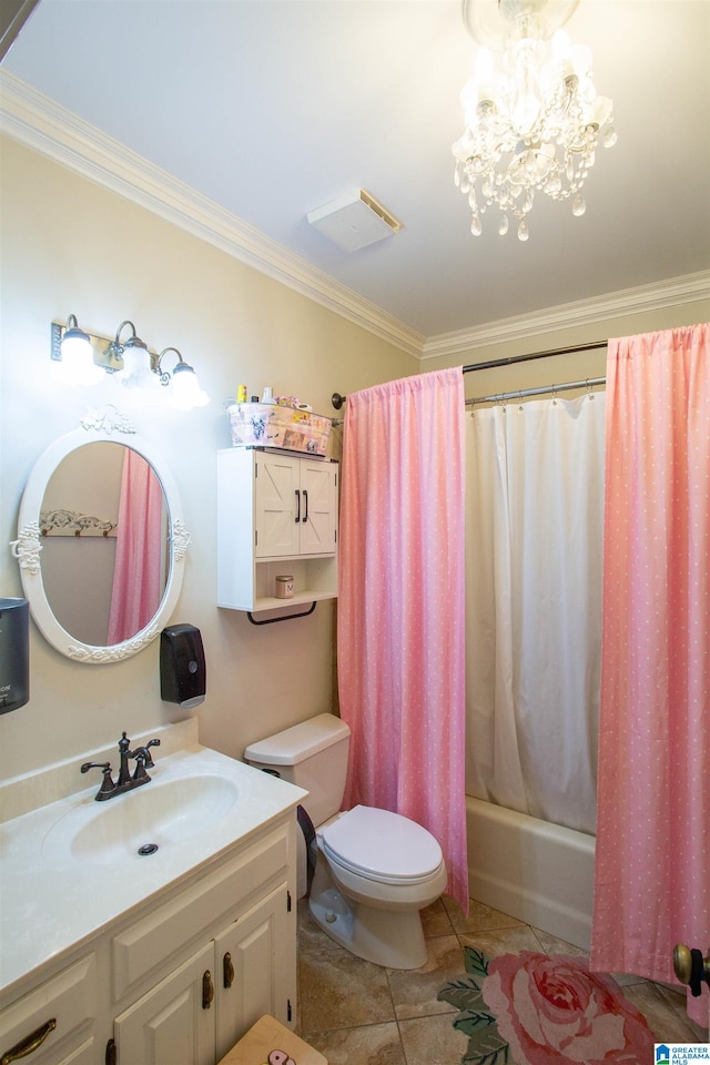 full bathroom with toilet, crown molding, shower / tub combo with curtain, and vanity