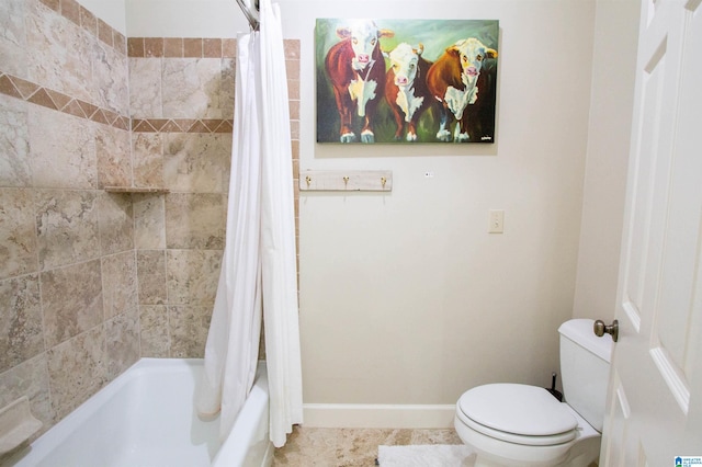 bathroom featuring toilet and shower / bathtub combination with curtain