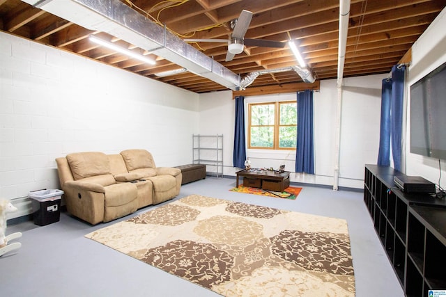 basement featuring ceiling fan