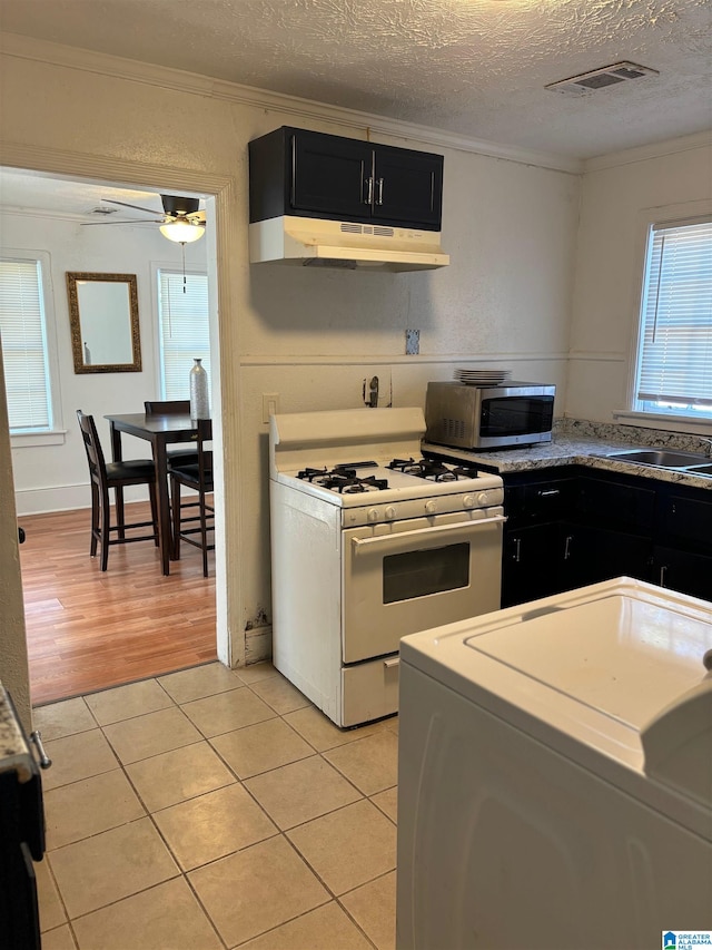 kitchen with ornamental molding, a textured ceiling, light wood-type flooring, and gas range gas stove