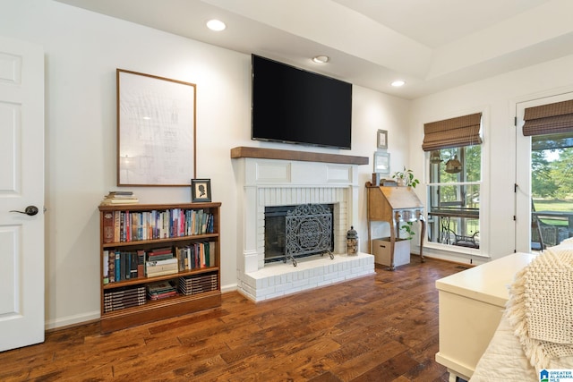 living room featuring dark wood-type flooring and a fireplace