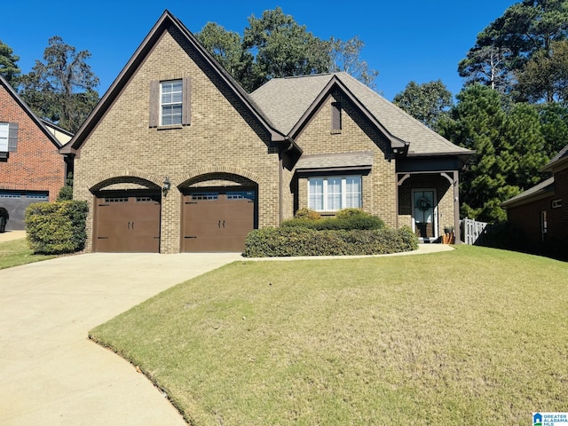 view of front of home featuring a front yard and a garage