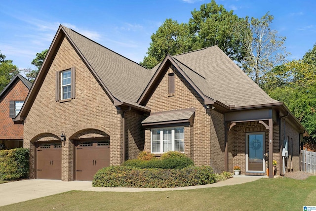 english style home featuring a front yard and a garage