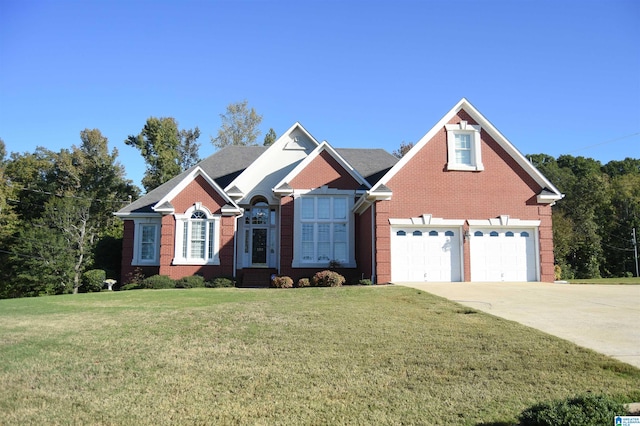 view of front of house with a front yard and a garage