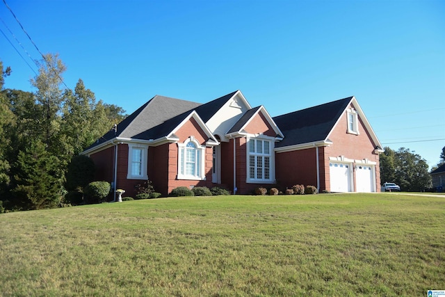 view of front of property with a front lawn and a garage