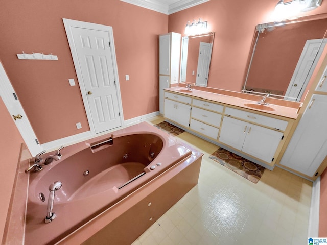 bathroom with vanity, ornamental molding, and a washtub