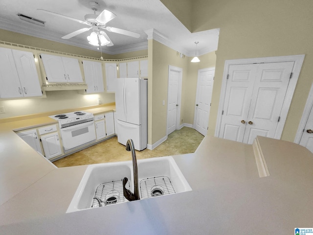 kitchen featuring white cabinets, ceiling fan, crown molding, sink, and white appliances