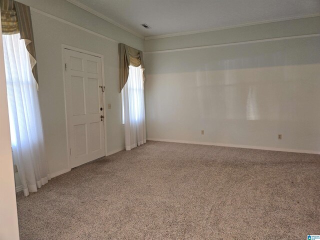 empty room with carpet flooring, crown molding, and baseboards