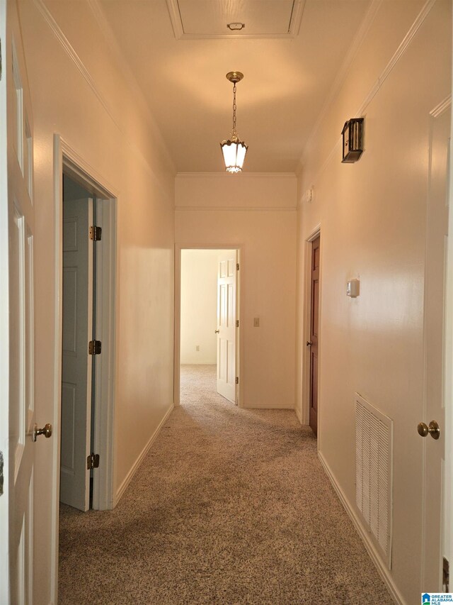hallway featuring carpet flooring, attic access, ornamental molding, and baseboards