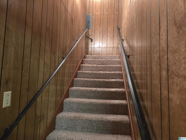 staircase featuring wooden walls