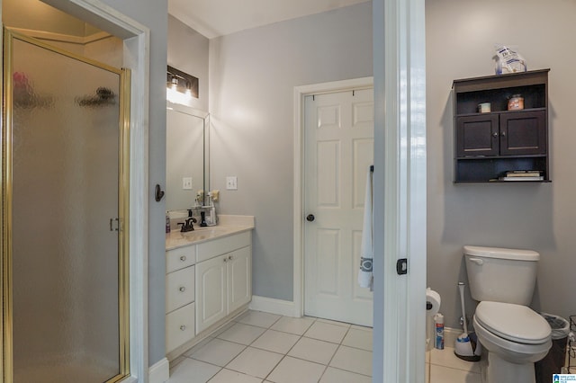 bathroom featuring vanity, a shower with shower door, toilet, and tile patterned flooring