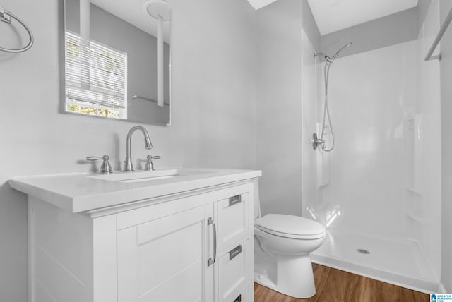 bathroom with toilet, vanity, a shower, and wood-type flooring