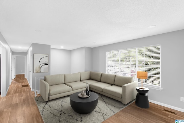 living room with wood-type flooring and a textured ceiling