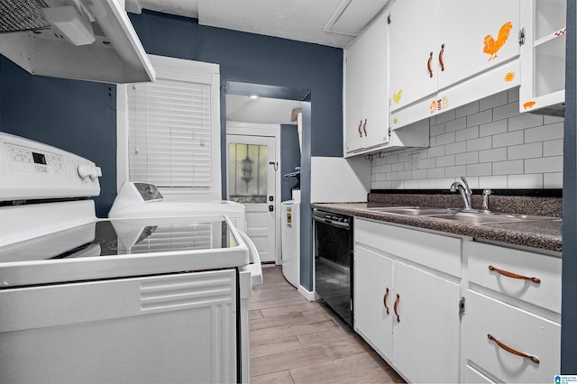 kitchen featuring backsplash, white cabinetry, dishwasher, light hardwood / wood-style floors, and sink