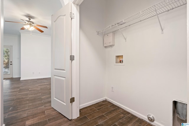 laundry area featuring hookup for a washing machine, ceiling fan, ornamental molding, and dark hardwood / wood-style floors