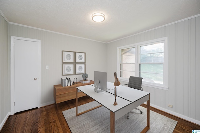 520 Hickory St, Birmingham, AL 35206 - office area with crown molding, a textured ceiling, dark wood-style flooring, and baseboards
