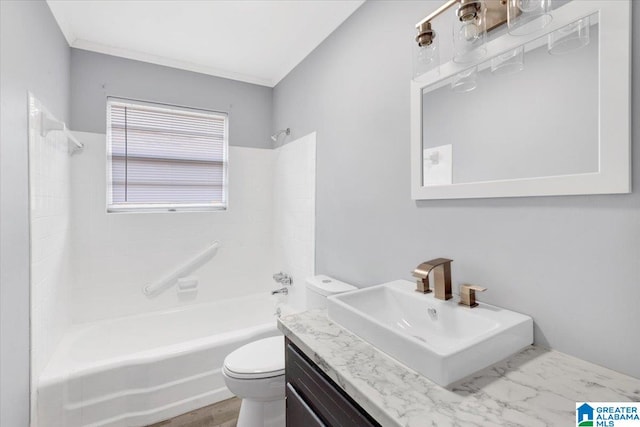 full bathroom with toilet, shower / tub combination, vanity, and ornamental molding