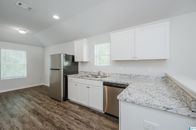 kitchen featuring stainless steel appliances, sink, dark hardwood / wood-style flooring, and white cabinets