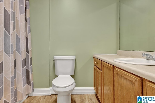 bathroom with toilet, vanity, wood-type flooring, and a shower with shower curtain