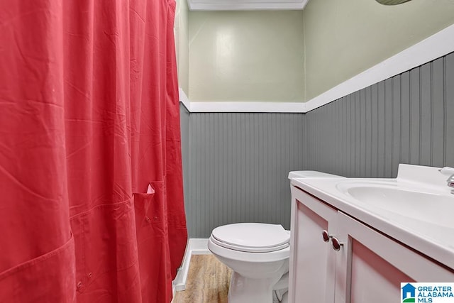 bathroom featuring vanity, wood-type flooring, toilet, and walk in shower