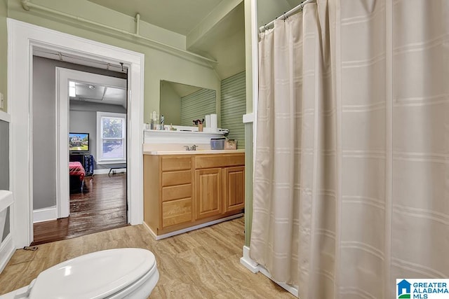 bathroom featuring vanity, hardwood / wood-style flooring, and toilet