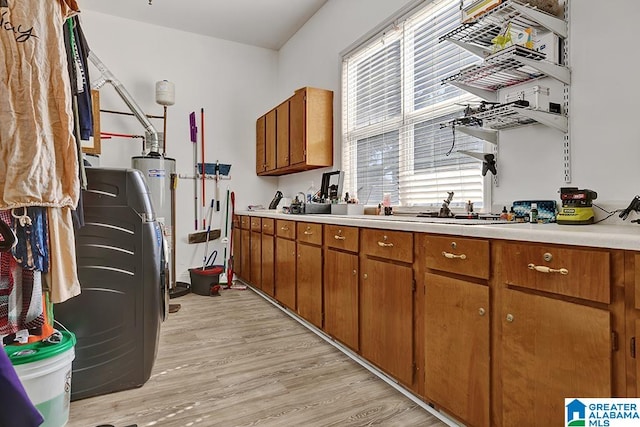 kitchen with light hardwood / wood-style flooring and water heater