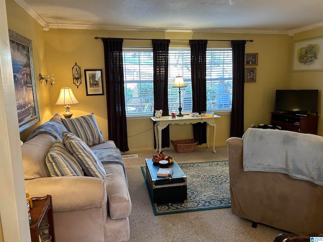 living room with carpet, ornamental molding, and a textured ceiling