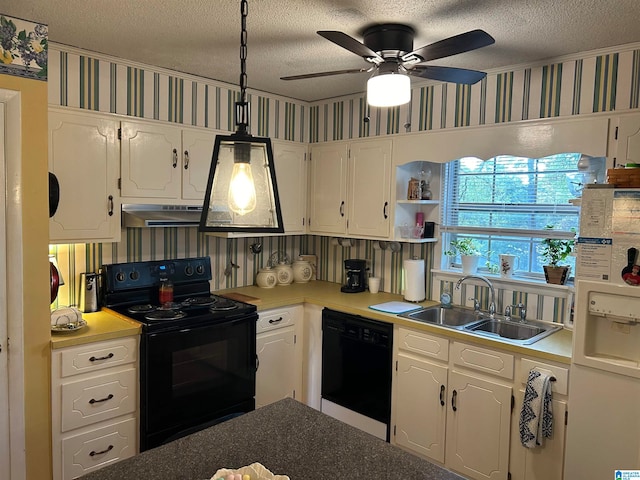 kitchen featuring black appliances, sink, a textured ceiling, white cabinetry, and ceiling fan