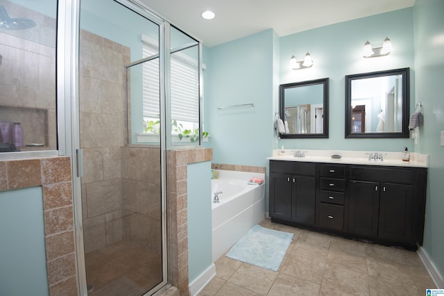 bathroom with vanity, plus walk in shower, and tile patterned floors